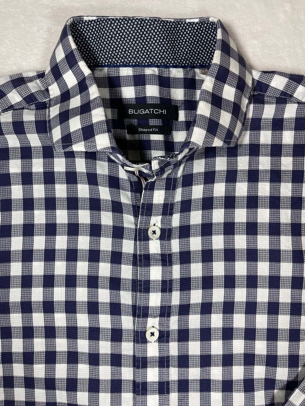 Bugatchi Shaped Fit Long Sleeve Navy and White Gingham Button-Down Shirt